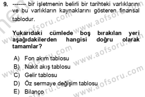 Ön Muhasebe Yazılımları Ve Kullanımı Dersi 2023 - 2024 Yılı (Vize) Ara Sınav Soruları 9. Soru