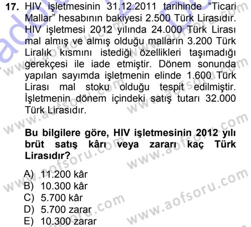 Genel Muhasebe 1 Dersi 2012 - 2013 Yılı (Final) Dönem Sonu Sınav Soruları 17. Soru