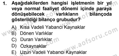 Genel Muhasebe 1 Dersi 2014 - 2015 Yılı (Vize) Ara Sınavı 1. Soru