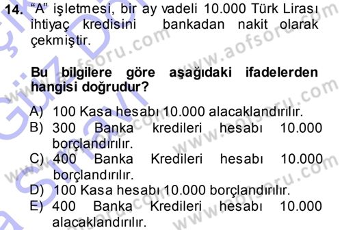 Genel Muhasebe 1 Dersi 2014 - 2015 Yılı (Vize) Ara Sınav Soruları 14. Soru