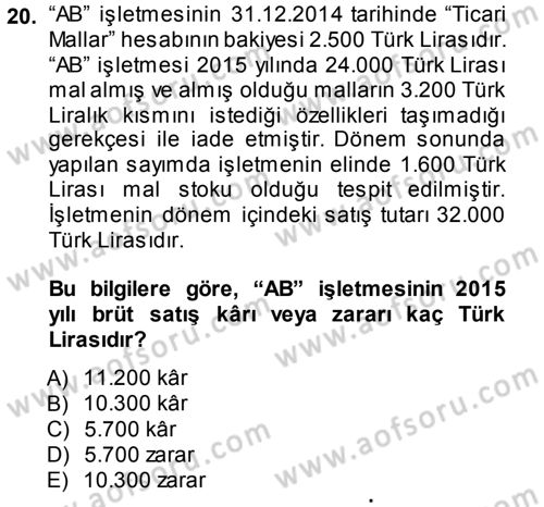 Genel Muhasebe 1 Dersi 2014 - 2015 Yılı (Final) Dönem Sonu Sınavı 20. Soru
