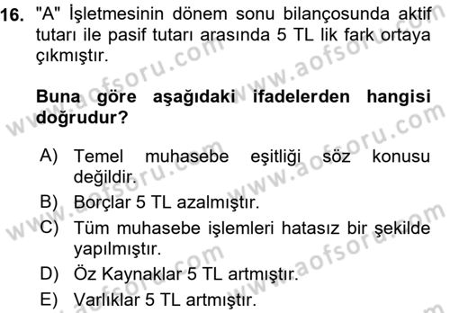Genel Muhasebe 1 Dersi 2015 - 2016 Yılı (Vize) Ara Sınav Soruları 16. Soru