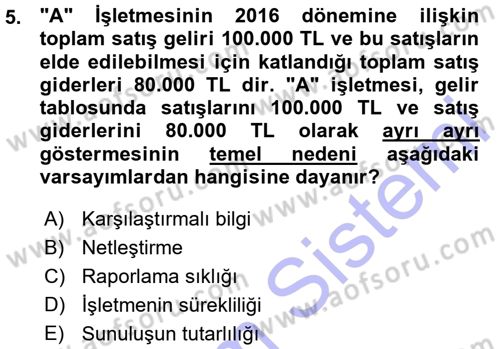 Genel Muhasebe 1 Dersi 2015 - 2016 Yılı (Vize) Ara Sınav Soruları 5. Soru