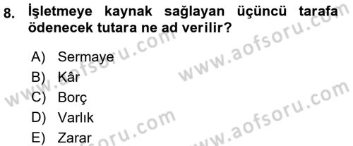 Genel Muhasebe 1 Dersi 2015 - 2016 Yılı (Vize) Ara Sınav Soruları 8. Soru