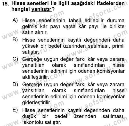 Genel Muhasebe 1 Dersi 2015 - 2016 Yılı (Final) Dönem Sonu Sınav Soruları 15. Soru