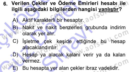 Genel Muhasebe 1 Dersi 2015 - 2016 Yılı (Final) Dönem Sonu Sınav Soruları 6. Soru