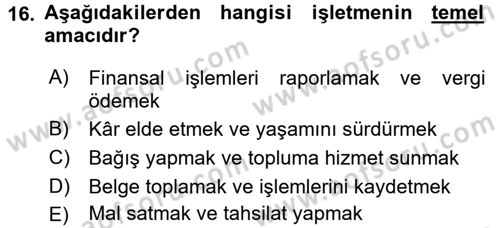 Genel Muhasebe 1 Dersi 2017 - 2018 Yılı (Vize) Ara Sınav Soruları 16. Soru