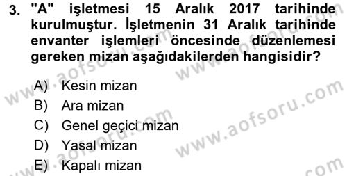 Genel Muhasebe 1 Dersi 2017 - 2018 Yılı (Vize) Ara Sınav Soruları 3. Soru