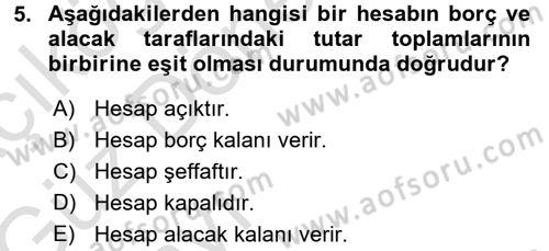 Genel Muhasebe 1 Dersi 2017 - 2018 Yılı (Vize) Ara Sınav Soruları 5. Soru