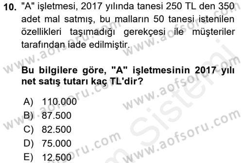 Genel Muhasebe 1 Dersi 2017 - 2018 Yılı (Final) Dönem Sonu Sınav Soruları 10. Soru