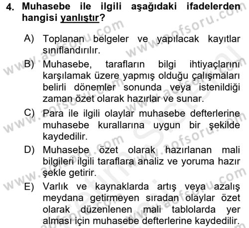 Genel Muhasebe 1 Dersi 2017 - 2018 Yılı (Final) Dönem Sonu Sınav Soruları 4. Soru