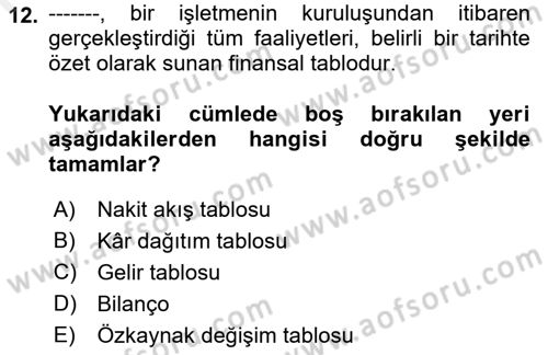 Genel Muhasebe 1 Dersi 2018 - 2019 Yılı (Vize) Ara Sınav Soruları 12. Soru
