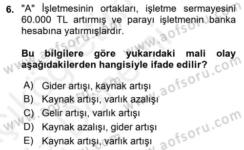 Genel Muhasebe 1 Dersi 2018 - 2019 Yılı (Vize) Ara Sınav Soruları 6. Soru