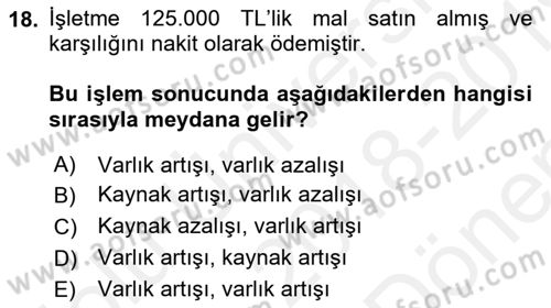 Genel Muhasebe 1 Dersi 2018 - 2019 Yılı (Final) Dönem Sonu Sınav Soruları 18. Soru