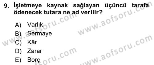 Genel Muhasebe 1 Dersi 2018 - 2019 Yılı Yaz Okulu Sınav Soruları 9. Soru