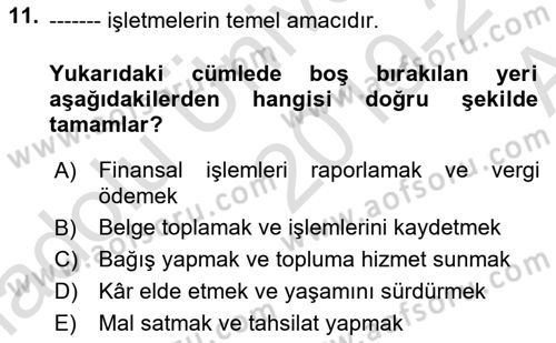 Genel Muhasebe 1 Dersi 2019 - 2020 Yılı (Vize) Ara Sınav Soruları 11. Soru