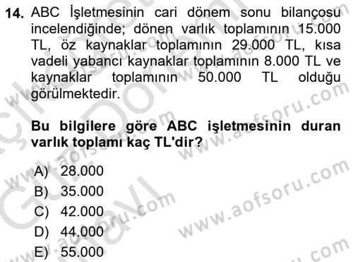Genel Muhasebe 1 Dersi 2019 - 2020 Yılı (Vize) Ara Sınav Soruları 14. Soru