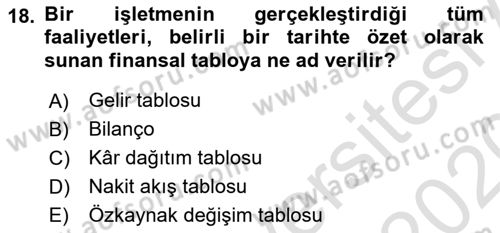 Genel Muhasebe 1 Dersi 2019 - 2020 Yılı (Vize) Ara Sınav Soruları 18. Soru