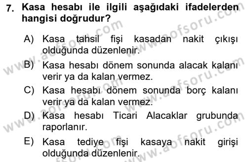 Genel Muhasebe 1 Dersi 2021 - 2022 Yılı (Final) Dönem Sonu Sınavı 7. Soru
