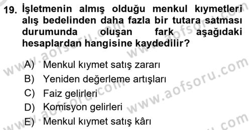 Genel Muhasebe 1 Dersi 2023 - 2024 Yılı Yaz Okulu Sınavı 19. Soru