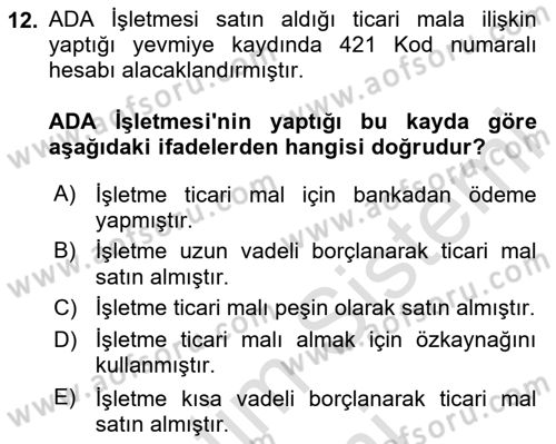 Genel Muhasebe 1 Dersi 2024 - 2025 Yılı (Vize) Ara Sınav Soruları 12. Soru