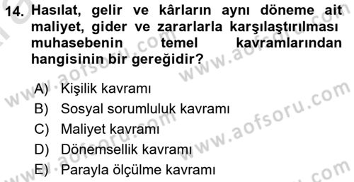 Genel Muhasebe 1 Dersi 2024 - 2025 Yılı (Vize) Ara Sınav Soruları 14. Soru