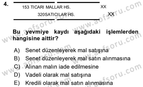 Genel Muhasebe 1 Dersi 2024 - 2025 Yılı (Vize) Ara Sınav Soruları 4. Soru