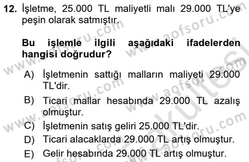 Genel Muhasebe 1 Dersi 2025 - 2026 Yılı (Vize) Ara Sınav Soruları 12. Soru