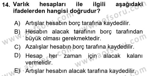 Genel Muhasebe 1 Dersi 2025 - 2026 Yılı (Vize) Ara Sınav Soruları 14. Soru
