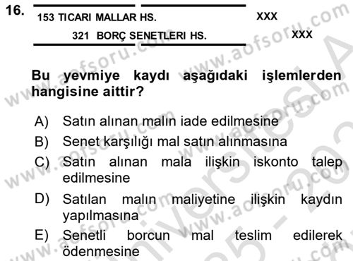 Genel Muhasebe 1 Dersi 2025 - 2026 Yılı (Vize) Ara Sınav Soruları 16. Soru