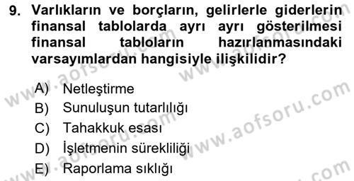 Genel Muhasebe 1 Dersi 2025 - 2026 Yılı (Vize) Ara Sınav Soruları 9. Soru