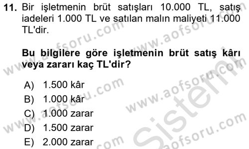Genel Muhasebe 1 Dersi 2025 - 2026 Yılı (Final) Dönem Sonu Sınav Soruları 11. Soru