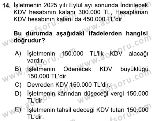 Genel Muhasebe 1 Dersi 2025 - 2026 Yılı (Final) Dönem Sonu Sınav Soruları 14. Soru