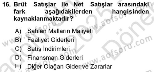 Genel Muhasebe 1 Dersi 2025 - 2026 Yılı (Final) Dönem Sonu Sınav Soruları 16. Soru