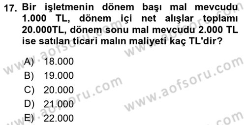 Genel Muhasebe 1 Dersi 2025 - 2026 Yılı (Final) Dönem Sonu Sınav Soruları 17. Soru