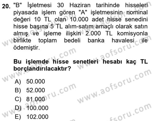 Genel Muhasebe 1 Dersi 2025 - 2026 Yılı (Final) Dönem Sonu Sınav Soruları 20. Soru