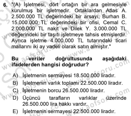 Genel Muhasebe 1 Dersi 2025 - 2026 Yılı (Final) Dönem Sonu Sınav Soruları 6. Soru