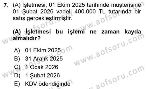 Genel Muhasebe 1 Dersi 2025 - 2026 Yılı (Final) Dönem Sonu Sınav Soruları 7. Soru