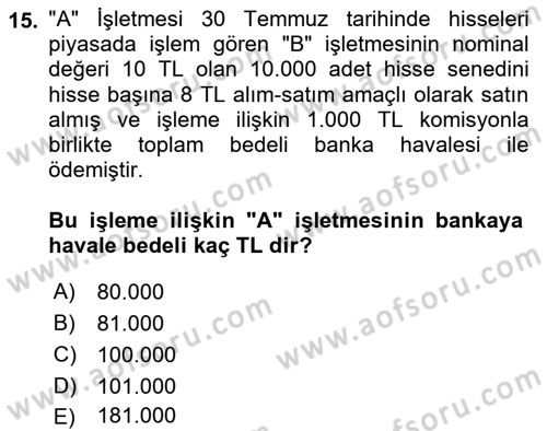 Genel Muhasebe 1 Dersi 2025 - 2026 Yılı Yaz Okulu Sınav Soruları 15. Soru