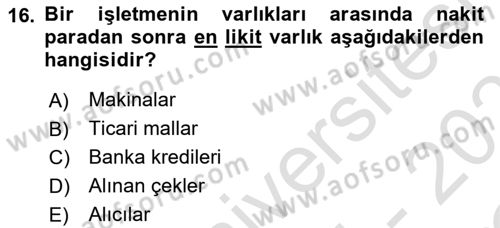 Genel Muhasebe 1 Dersi 2025 - 2026 Yılı Yaz Okulu Sınav Soruları 16. Soru