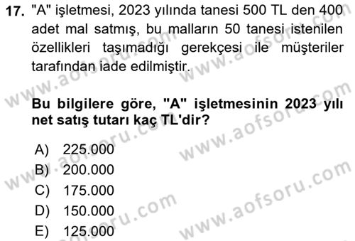 Genel Muhasebe 1 Dersi 2025 - 2026 Yılı Yaz Okulu Sınav Soruları 17. Soru