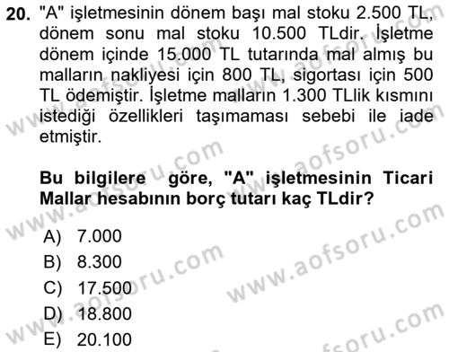 Genel Muhasebe 1 Dersi 2025 - 2026 Yılı Yaz Okulu Sınav Soruları 20. Soru