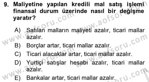 Genel Muhasebe 1 Dersi 2025 - 2026 Yılı Yaz Okulu Sınav Soruları 9. Soru