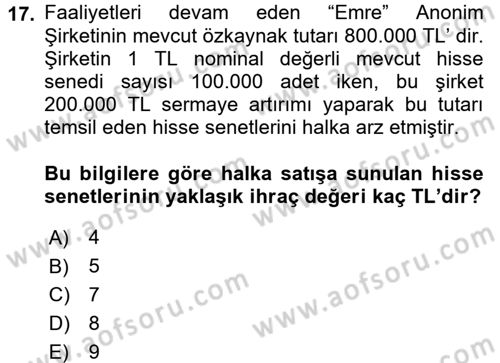 Genel Muhasebe 2 Dersi 2015 - 2016 Yılı (Vize) Ara Sınav Soruları 17. Soru