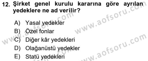 Genel Muhasebe 2 Dersi 2015 - 2016 Yılı (Final) Dönem Sonu Sınav Soruları 12. Soru