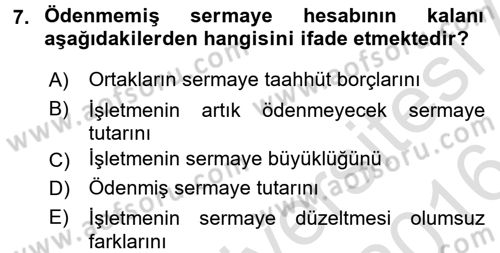 Genel Muhasebe 2 Dersi 2015 - 2016 Yılı (Final) Dönem Sonu Sınav Soruları 7. Soru