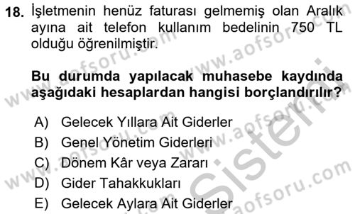 Genel Muhasebe 2 Dersi 2016 - 2017 Yılı 3 Ders Sınavı 18. Soru