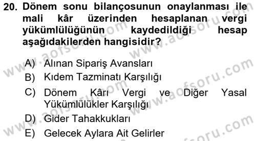 Genel Muhasebe 2 Dersi 2016 - 2017 Yılı (Final) Dönem Sonu Sınav Soruları 20. Soru