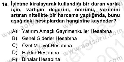 Genel Muhasebe 2 Dersi 2017 - 2018 Yılı (Vize) Ara Sınav Soruları 18. Soru