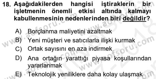 Genel Muhasebe 2 Dersi 2017 - 2018 Yılı (Final) Dönem Sonu Sınav Soruları 18. Soru
